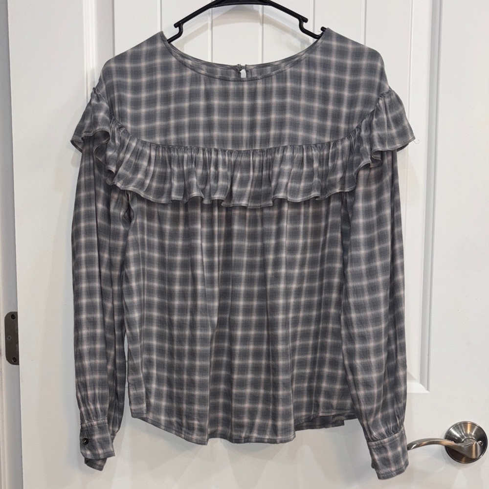 Rebecca Taylor Gray Plaid Ruffle Blouse | Feminine Peplum Style Top M